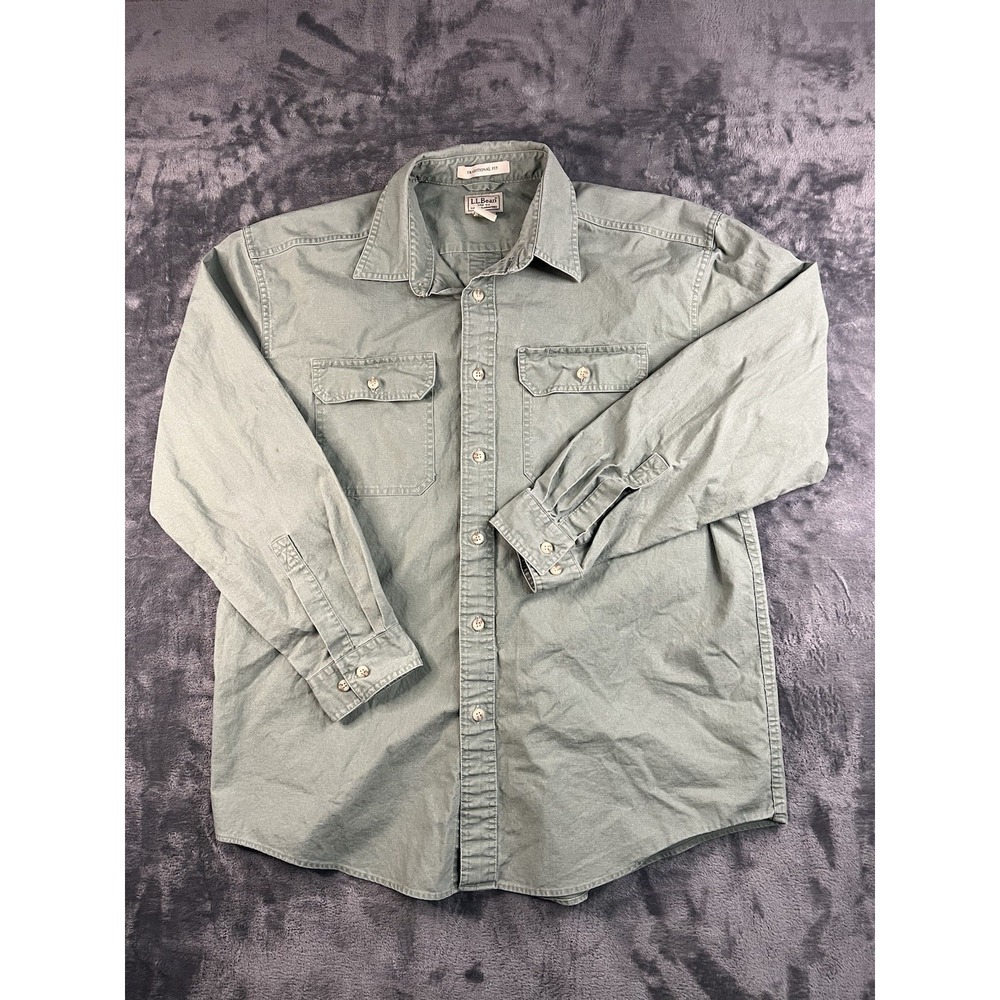 LL Bean Sunwashed Canvas Heavy Shirt Mens L Regular Olive Sage Green Button Up